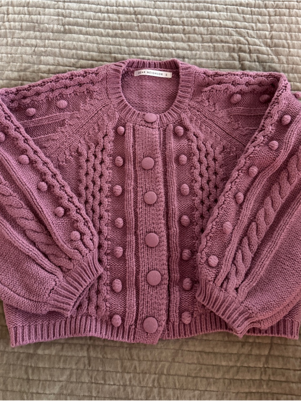 Mauve Cable-Knit Pom-Pom Cardigan